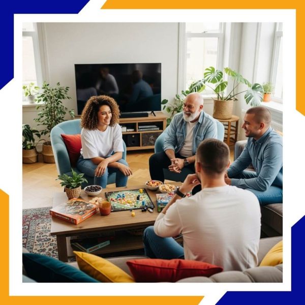 Family sitting in living room