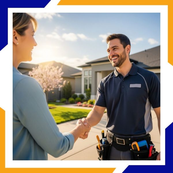 HVAC tech shaking hands with homeowner