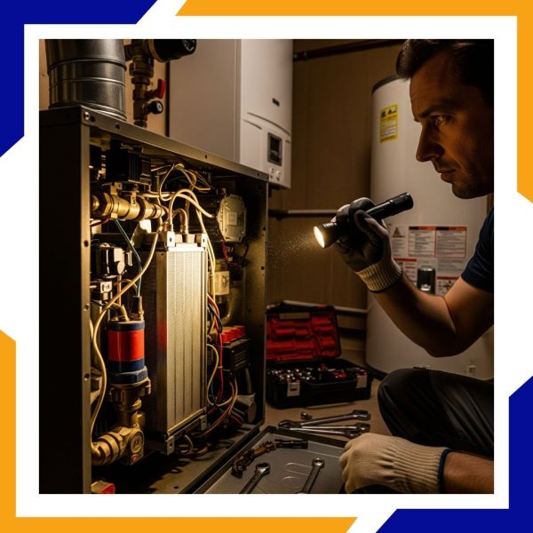 HVAC tech looking at unit in the basement