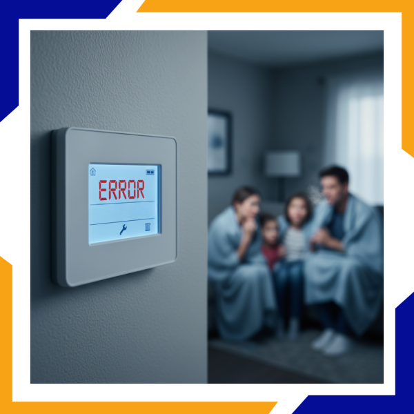 1 Heating Repair in Severance error on thermostat with cold family in background