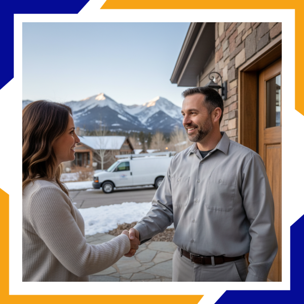 2 Heating Repair Estes Park smiling technician in a clean uniform shaking hands with a satisfied homeowner at their front door in Estes Park