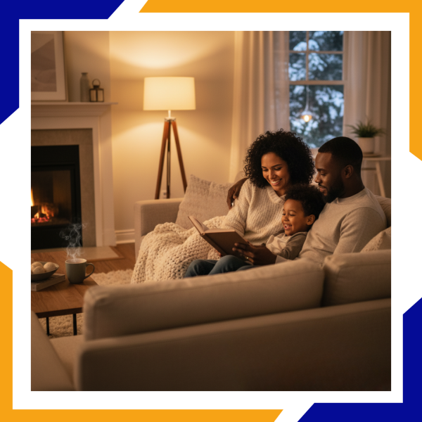 family reading book on couch in cozy warm home
