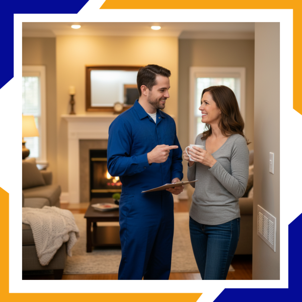 HVAC tech talking with homeowner