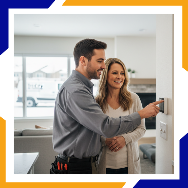 technician adjusting homeowners thermostat