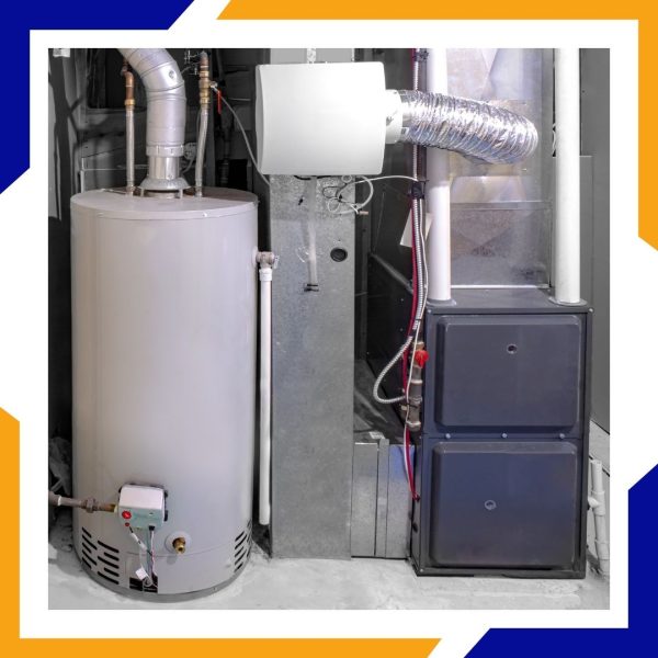 A residential utility closet showing a furnace, water heater, and whole-house humidifier.