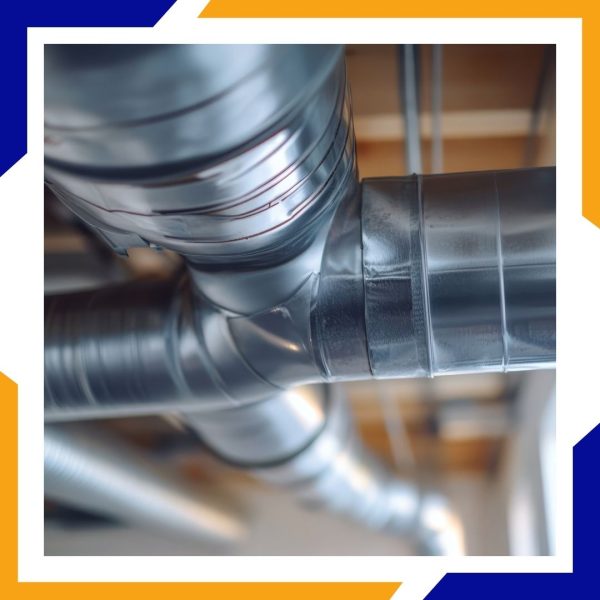 A close-up shot of galvanized steel HVAC ductwork installed in the ceiling of a basement.