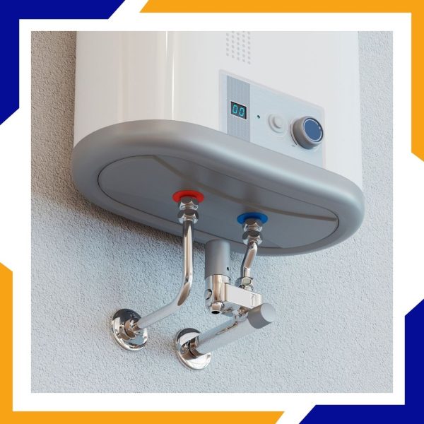 A modern, high-efficiency heater is shown professionally installed on a clean wall.