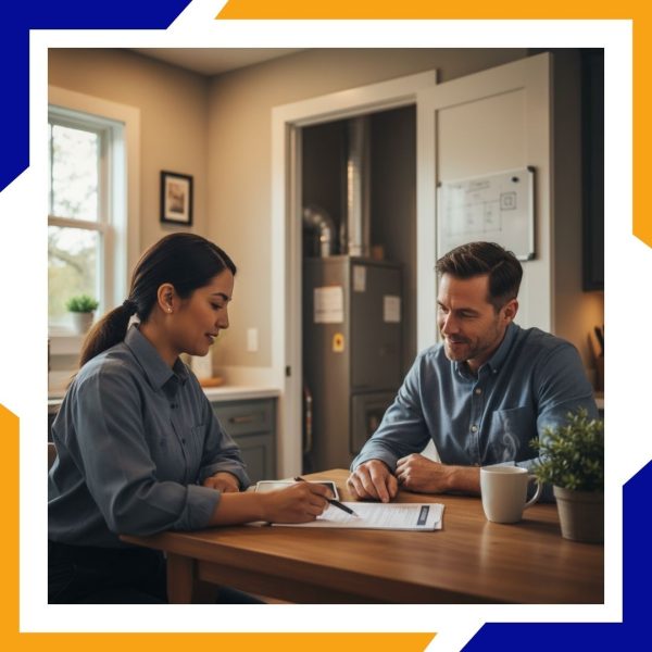 A female HVAC technician sits at a kitchen table explaining a service agreement to a male homeowner.