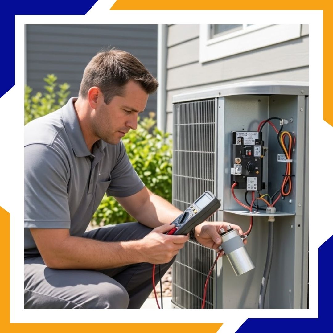 Professional HVAC technician testing a replacement start capacitor on a central air conditioning unit in a residential backyard.