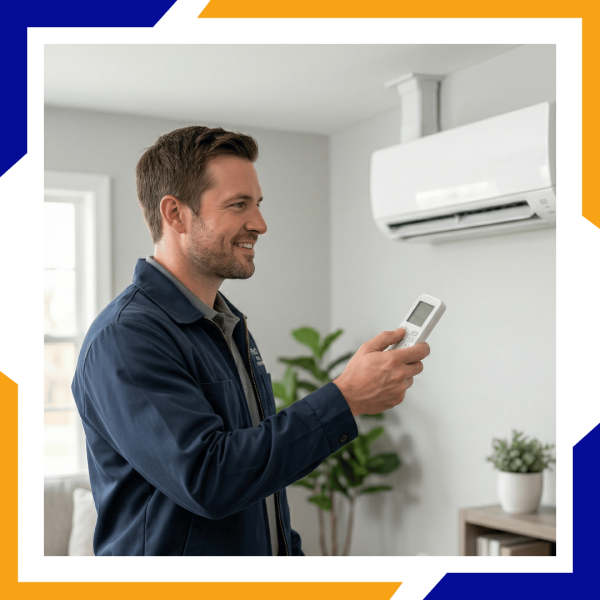 2 northglenn Ext Homeowner in Broomfield using a wireless remote to precisely adjust the temperature of a wall-mounted ductless mini-split cooling system.