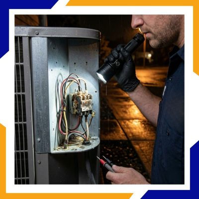 AC Services Ext (1) Emergency AC repair technician using a diagnostic flashlight to inspect a corroded electrical contactor during a nighttime service call.