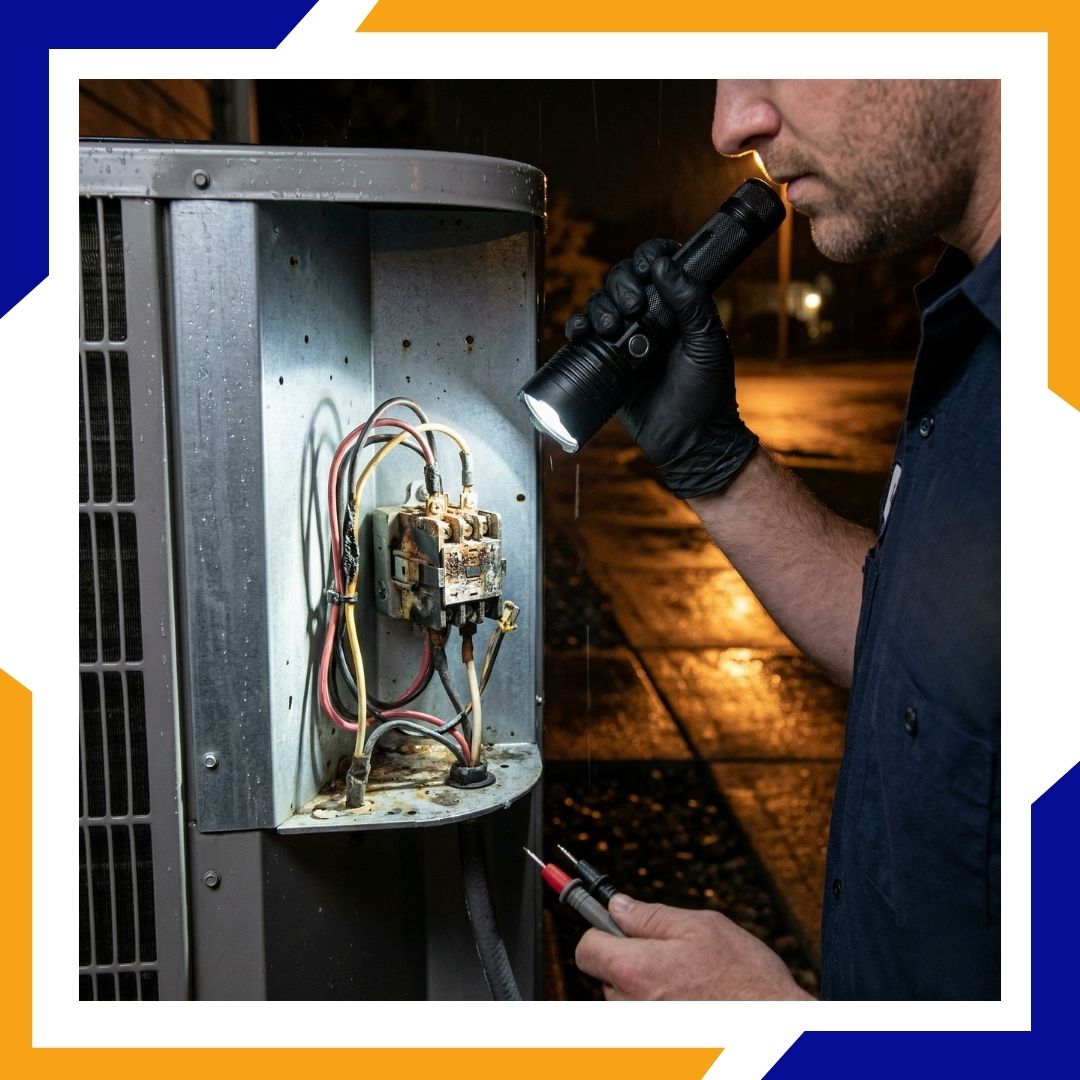 Emergency AC repair technician using a diagnostic flashlight to inspect a corroded electrical contactor during a nighttime service call.