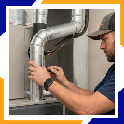 Air Conditioning Installation Ext Technical expert meticulously sealing metal ductwork joints on a high-efficiency HVAC system to ensure optimal airflow and energy savings.