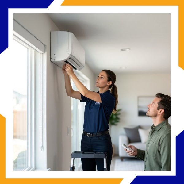 Brighton Ext Tri City technician on a ladder servicing a wall-mounted ductless air conditioning unit while explaining the process to a homeowner.