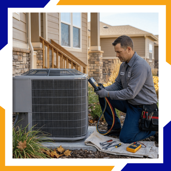 Broomfield Ext Professional HVAC technician performing a diagnostic electrical check on a central air conditioning unit to ensure reliable summer performance.