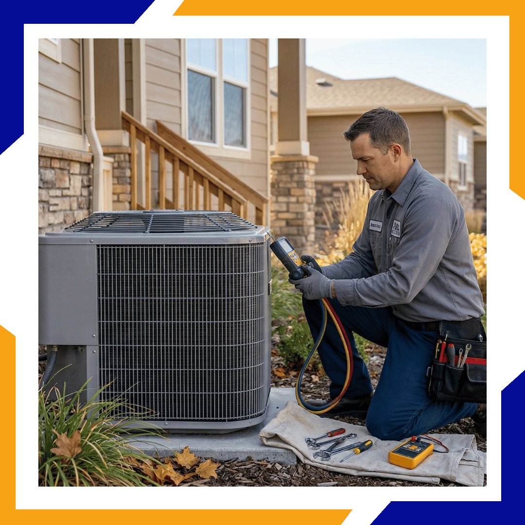 Professional HVAC technician performing a diagnostic electrical check on a central air conditioning unit to ensure reliable summer performance.