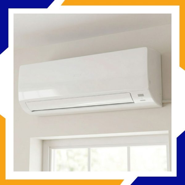 Erie Ext A sleek, unbranded indoor ductless mini-split air conditioner unit mounted on a clean white wall above a window.