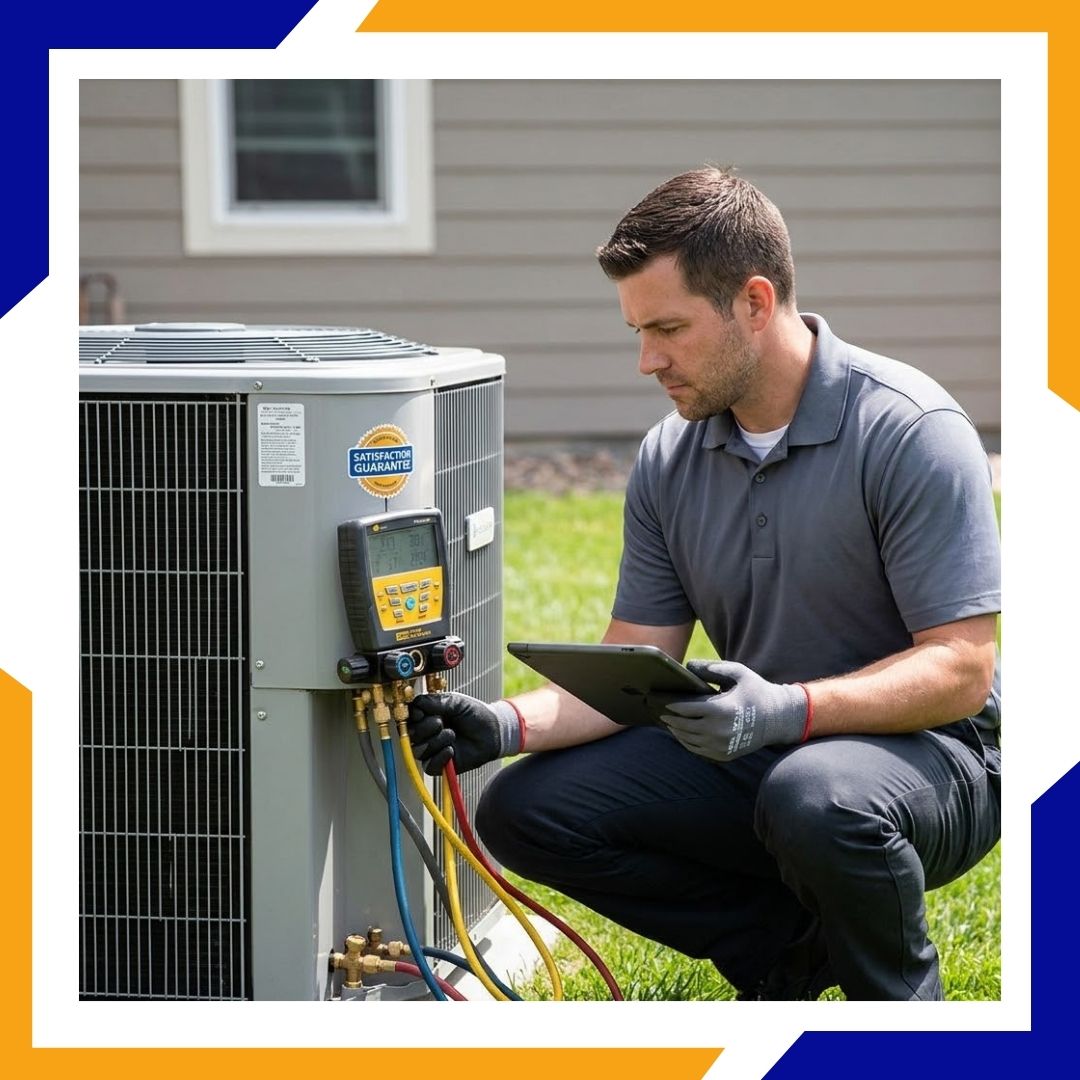 HVAC expert using a digital gauge manifold and tablet to perform a comprehensive seasonal tune-up on an outdoor AC condenser.