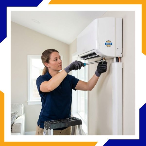 Mead Ext Female Tri City technician mounting an indoor mini-split AC head unit high on a residential wall for zoned climate control.
