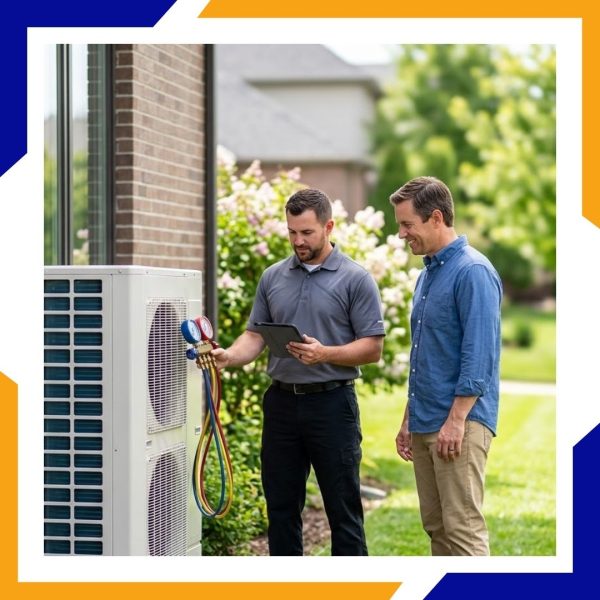 Westminster Ext Tri City HVAC team finalizing a high-efficiency central air conditioning installation for a new construction residential home.