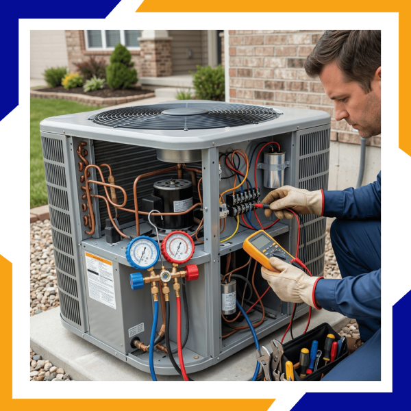 berthoud Ext HVAC expert using manifold gauges and a multimeter to conduct a comprehensive seasonal AC tune-up and refrigerant level check.
