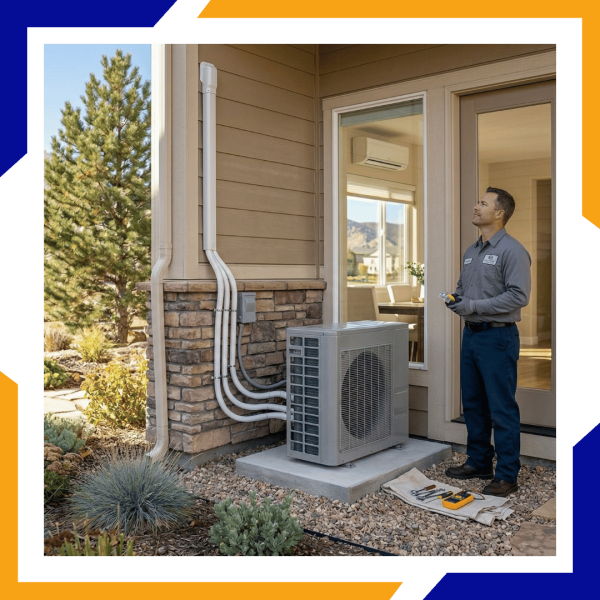 louisville Ext Tri City technician finalizing the outdoor condenser installation for a multi-zone ductless mini-split system on a residential property.
