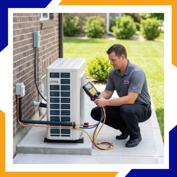 thornton Ext Technical specialist checking pressure levels on a modern, high-efficiency heat pump system installed on a concrete pad.