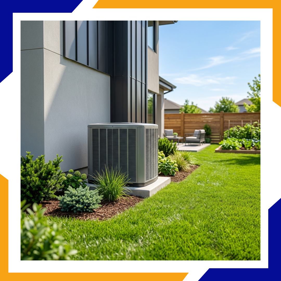 High-efficiency central air conditioning unit situated in a well-landscaped residential backyard.