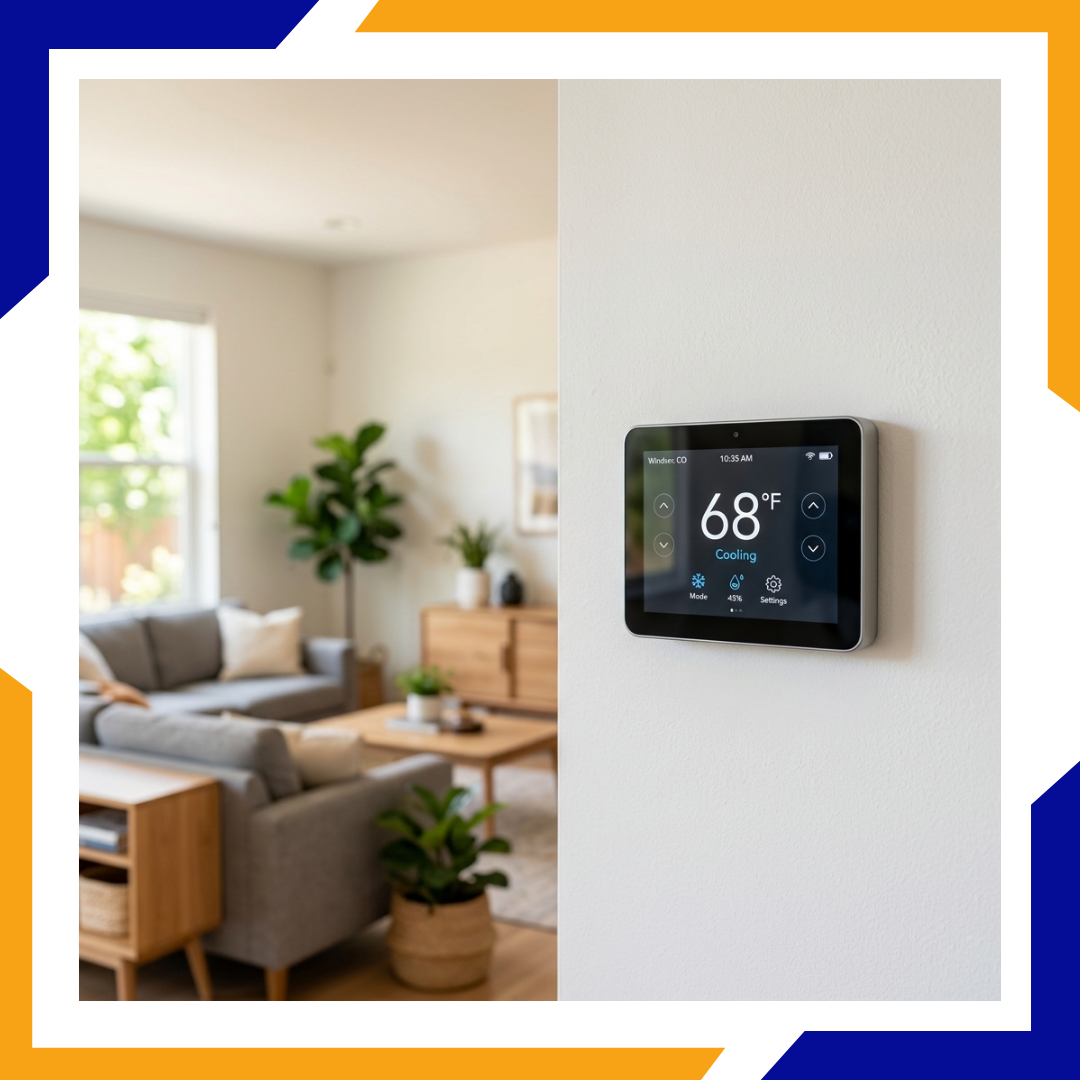 Digital smart thermostat mounted on a living room wall displaying efficient indoor temperature controls.