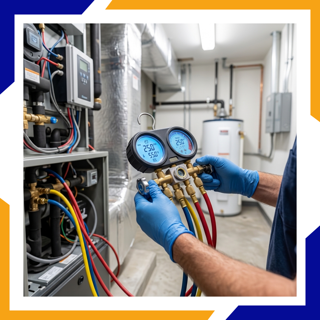 HVAC technician using digital diagnostic gauges to measure cooling performance and airflow metrics.