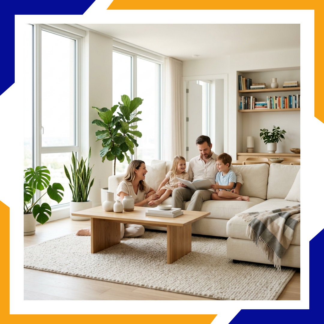 Family relaxing comfortably in a cool, well-ventilated modern home living room.