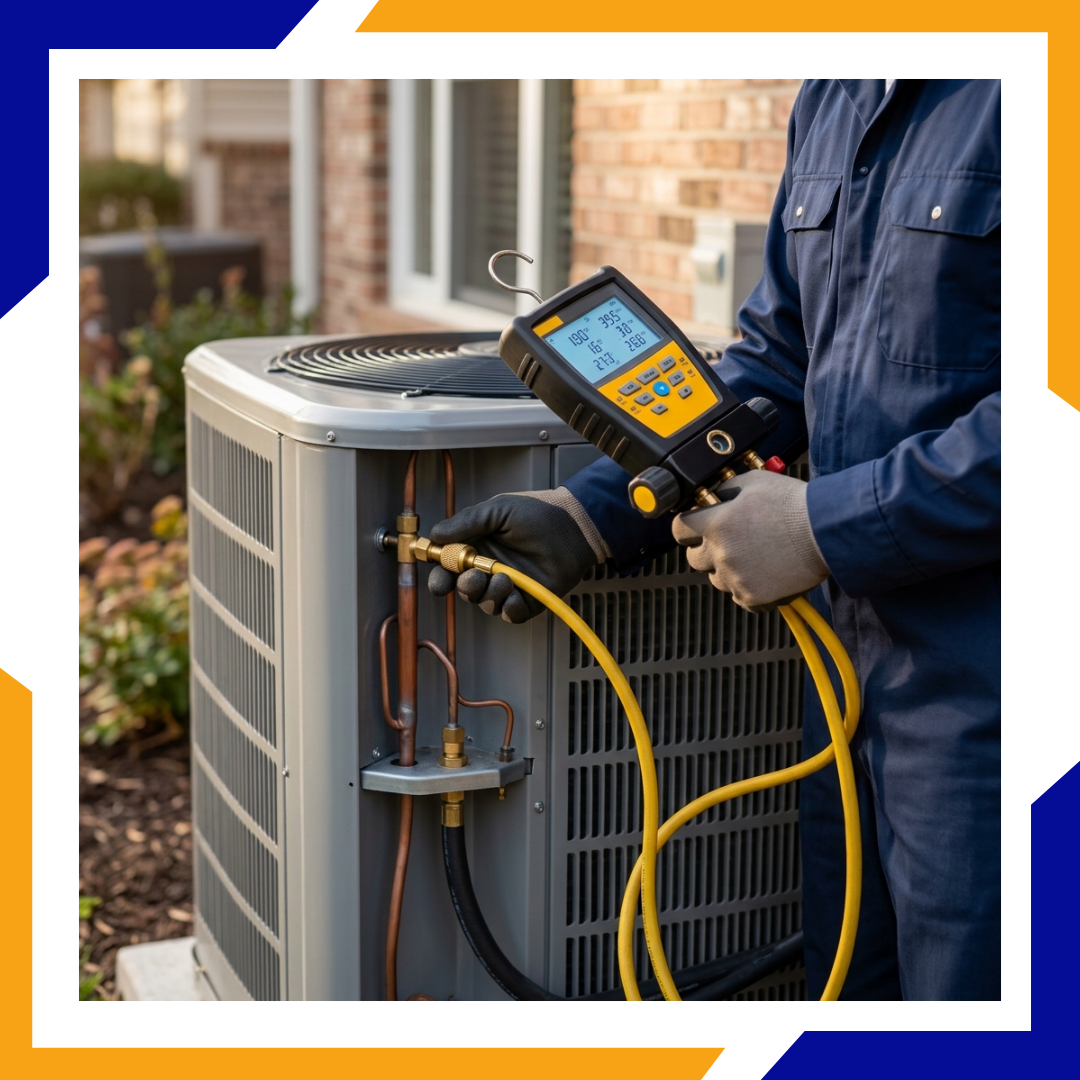 Certified HVAC technician checking pressure levels on an outdoor cooling system unit.