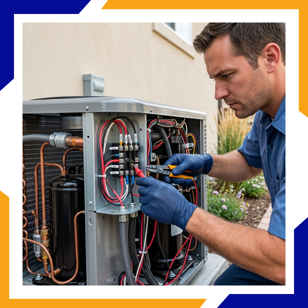HVAC installer making precise electrical connections during central air conditioner installation.