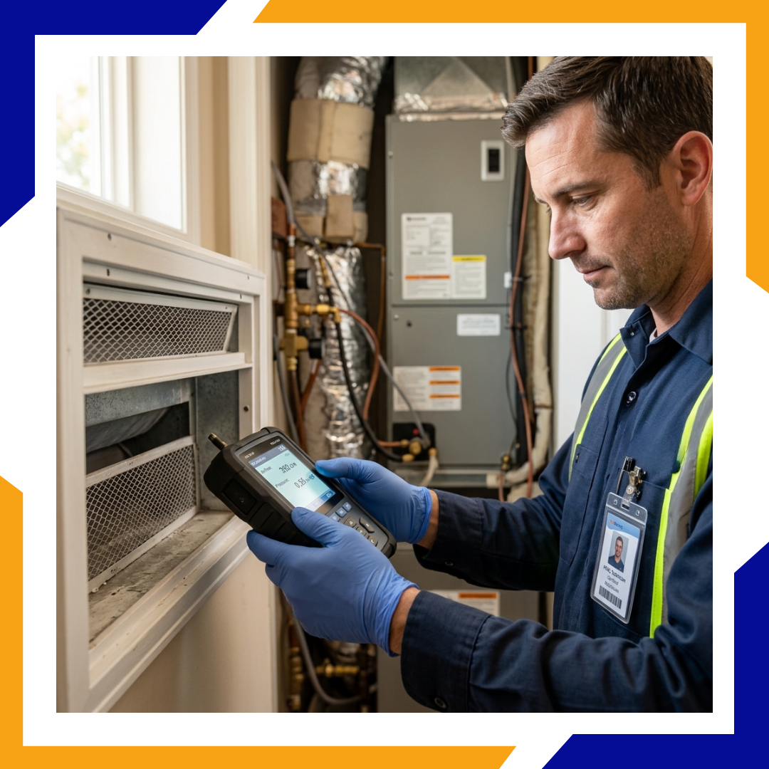 Certified technician using digital diagnostic equipment to measure indoor airflow and cooling performance.