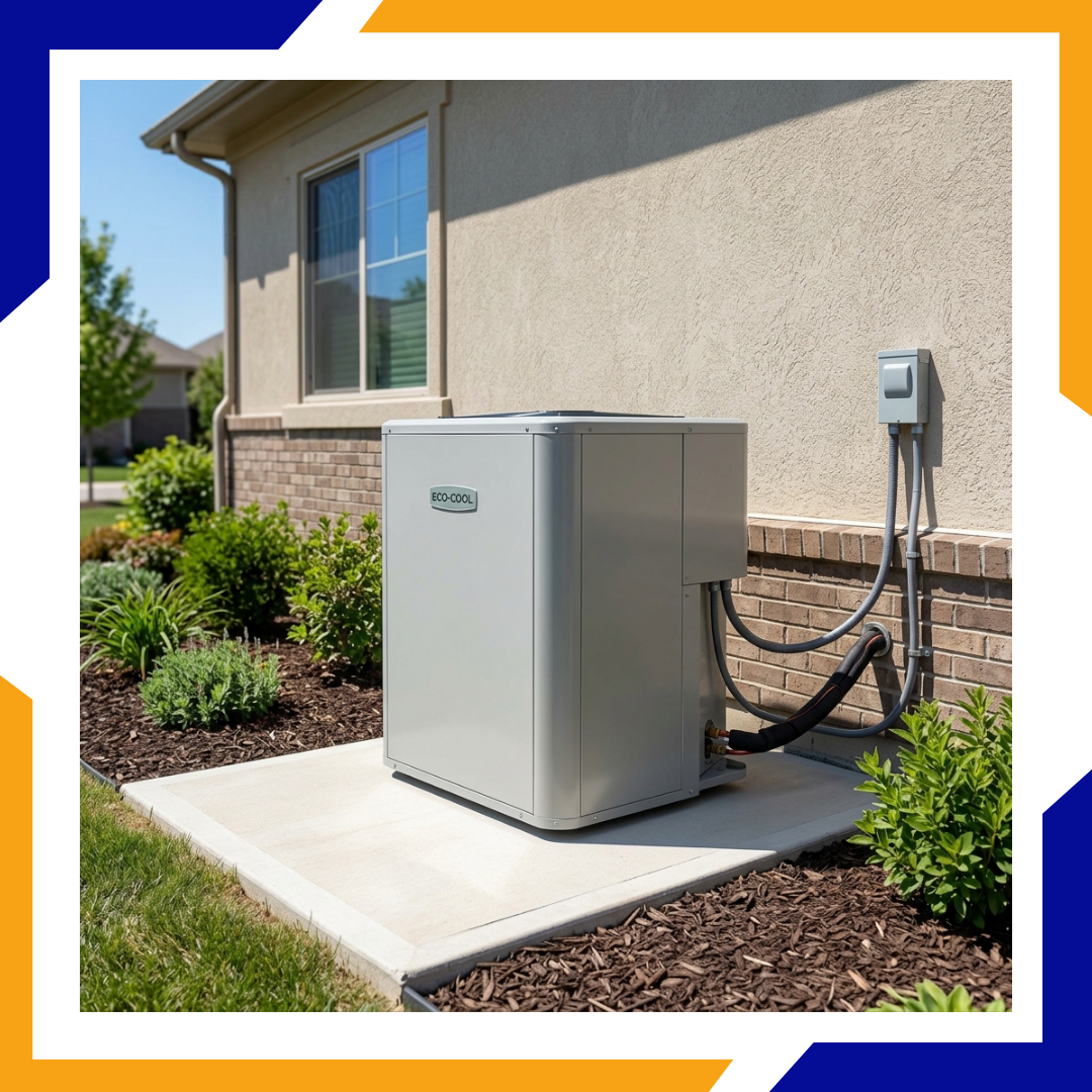Modern central air conditioner outdoor unit neatly installed next to a house.