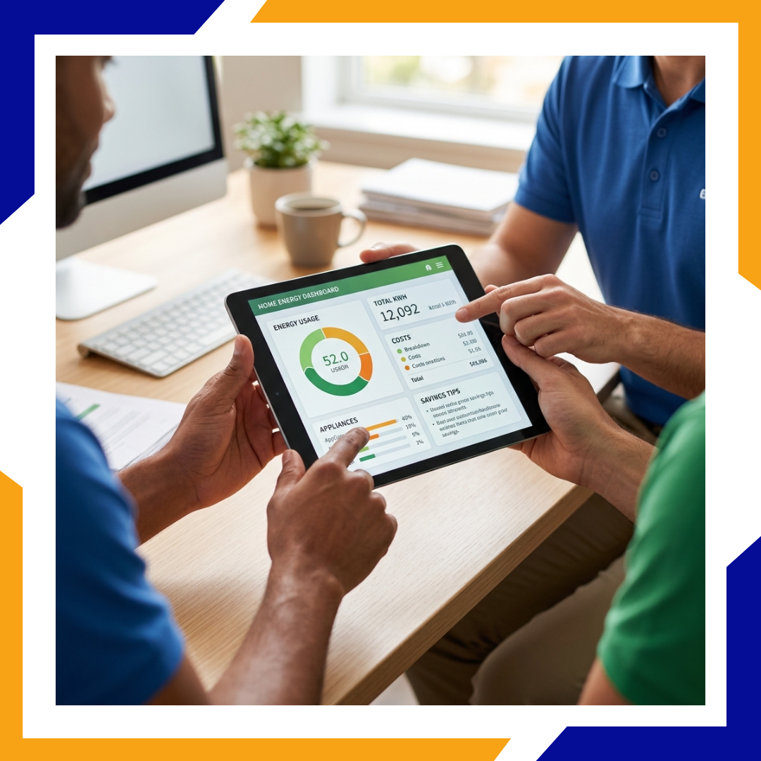 Energy management tablet showing home temperature and efficiency settings.