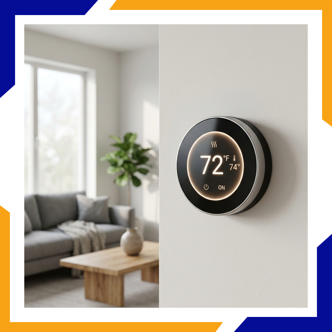 Modern digital smart thermostat installed on an interior wall for energy-efficient home climate control.