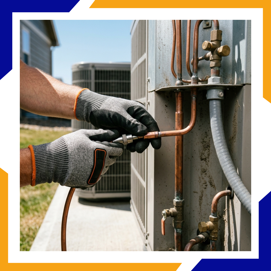 Detailed close-up of expert technician installing copper refrigerant lines on a cooling condenser unit.