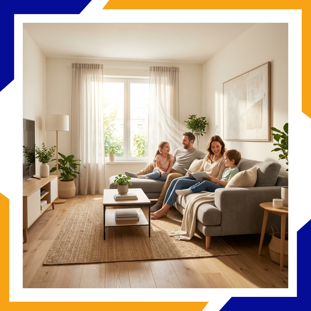 Comfortable, bright family living room benefiting from efficient home air conditioning and temperature control.