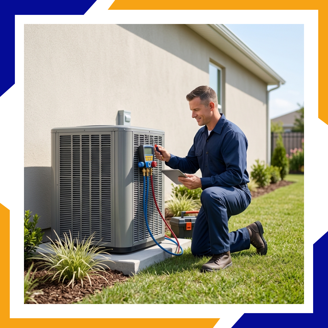 HVAC professional evaluating outdoor central air conditioner unit during a home cooling system inspection.