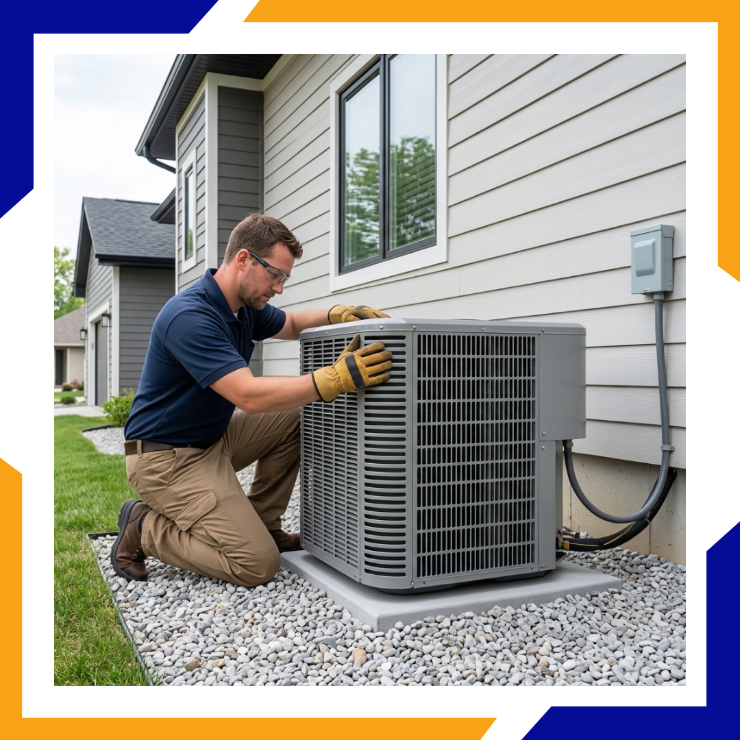 Technician professionally installing a modern central air conditioner unit outside a residence.