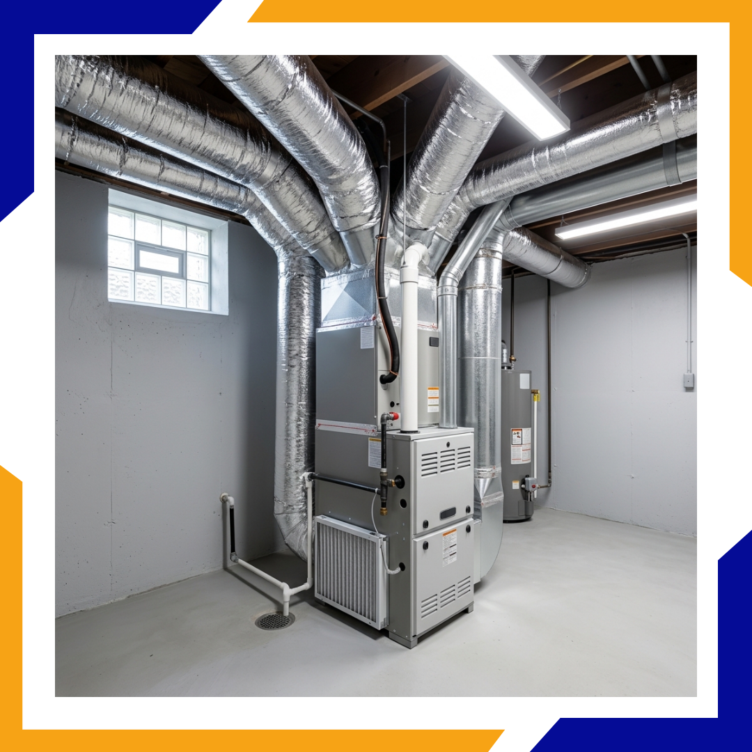 Clean insulated metal ductwork installed in a residential basement utility area.