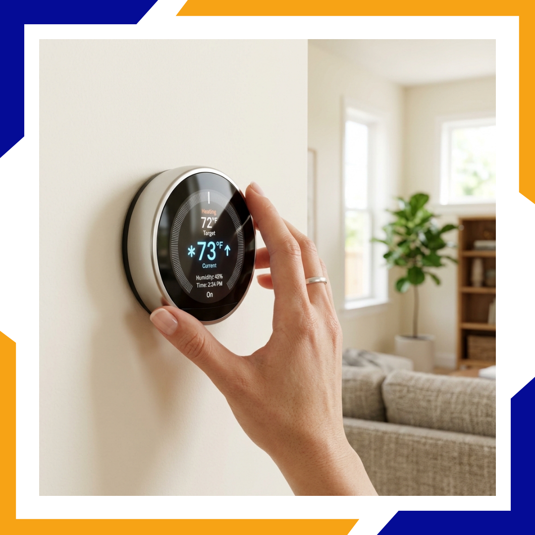 Close-up of a hand setting a modern wall-mounted digital smart thermostat.