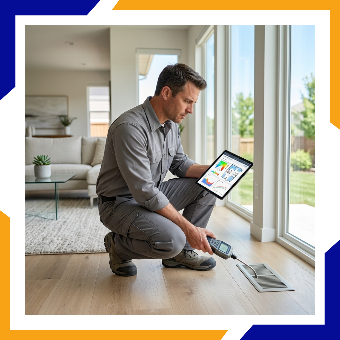 HVAC technician using a digital measurement tool inside a bright residential living room.
