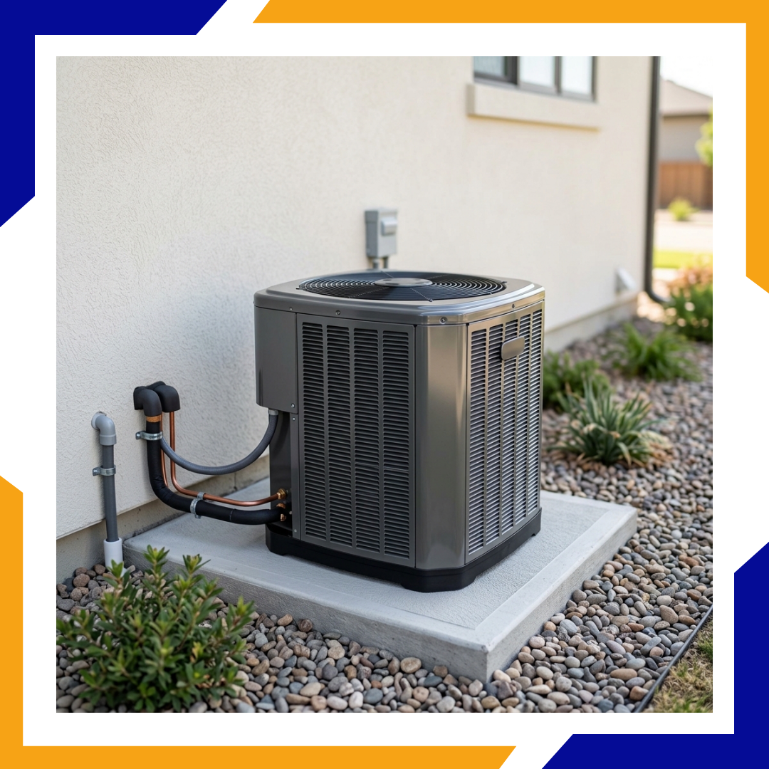 Clean installation of a modern high-efficiency outdoor central air conditioning unit.