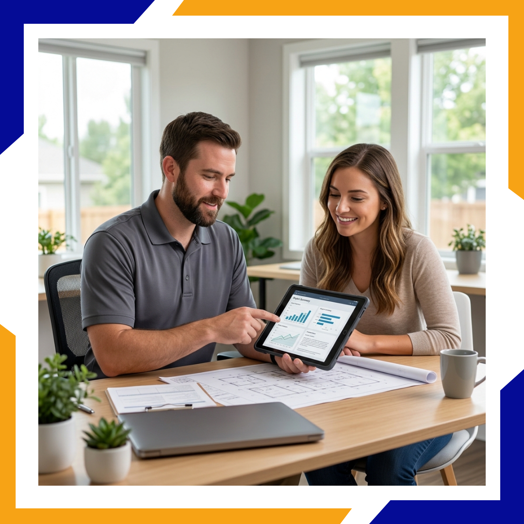 Professional consultant reviewing HVAC installation plans and paperwork with home project documents.