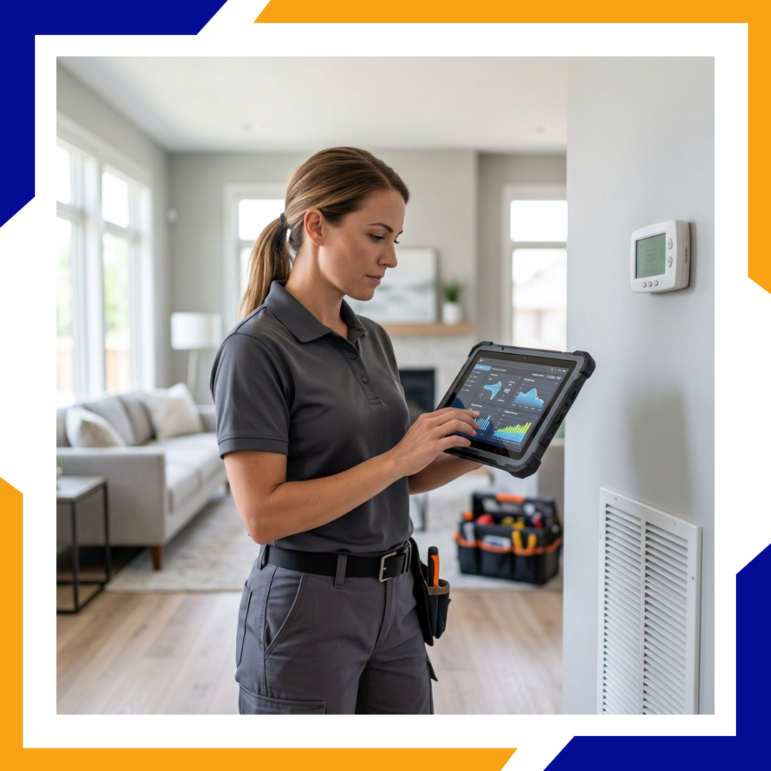 HVAC technician analyzing digital energy diagnostic data on a tablet inside a home.