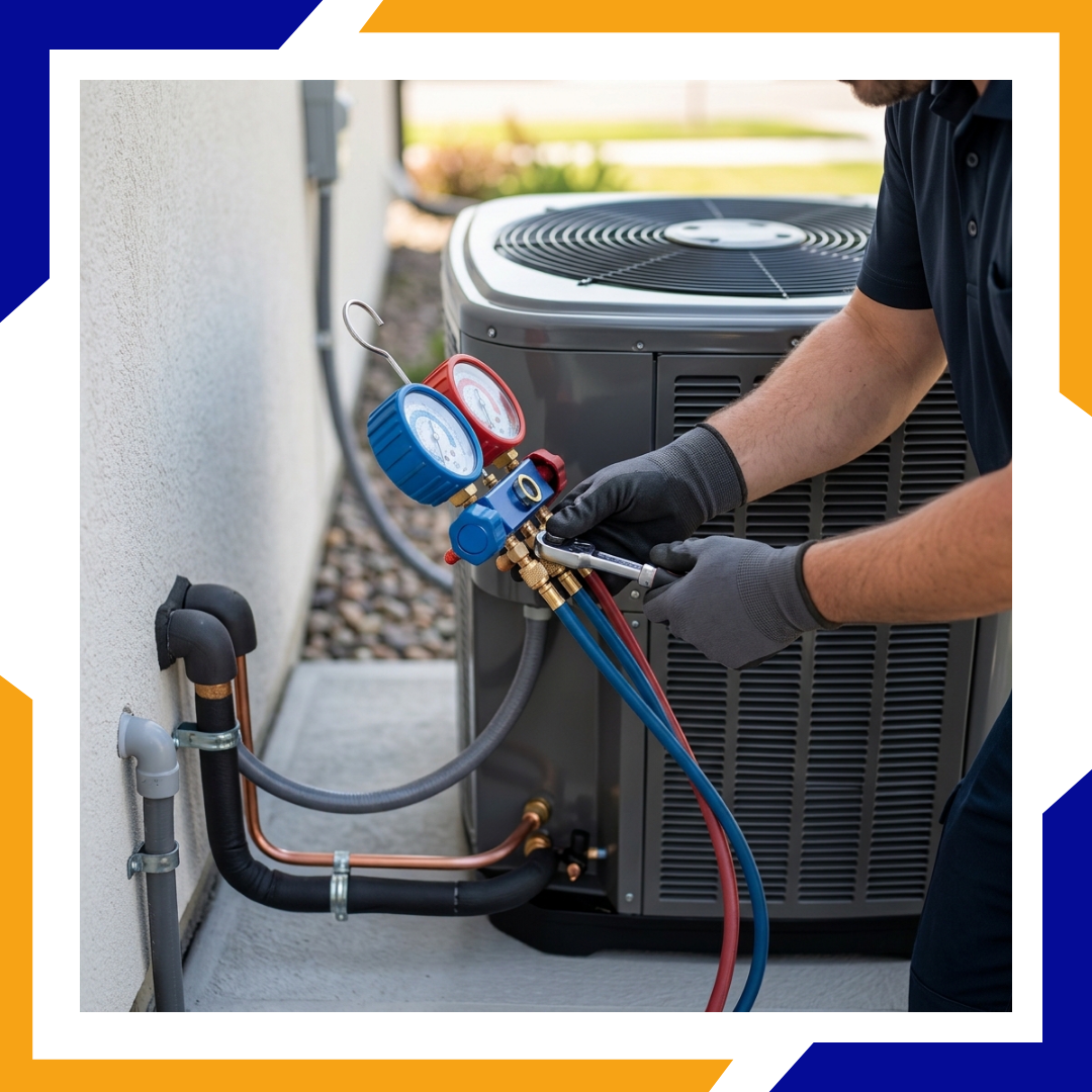 Close-up of technician hands carefully connecting copper refrigerant lines for an AC unit.